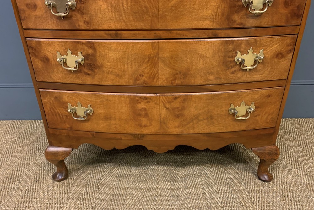 Burr Walnut Bow Fronted Chest on Chest View X