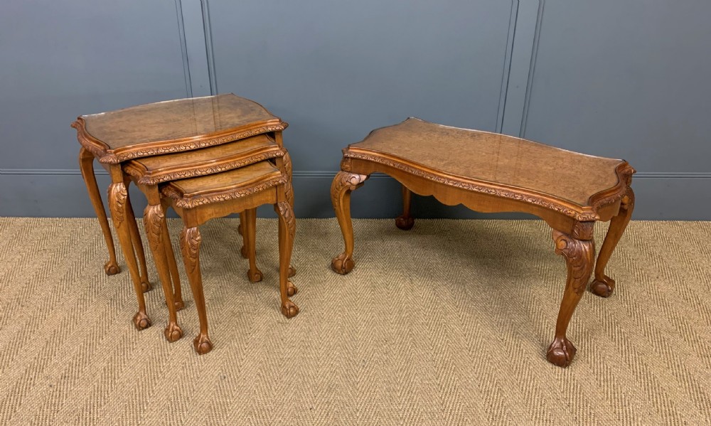 Burr Walnut Nest of 3 Tables and Matching Coffee Table