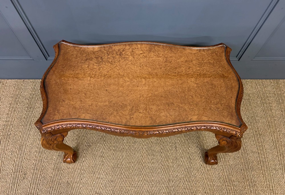 Burr Walnut Nest of 3 Tables and Matching Coffee Table View II