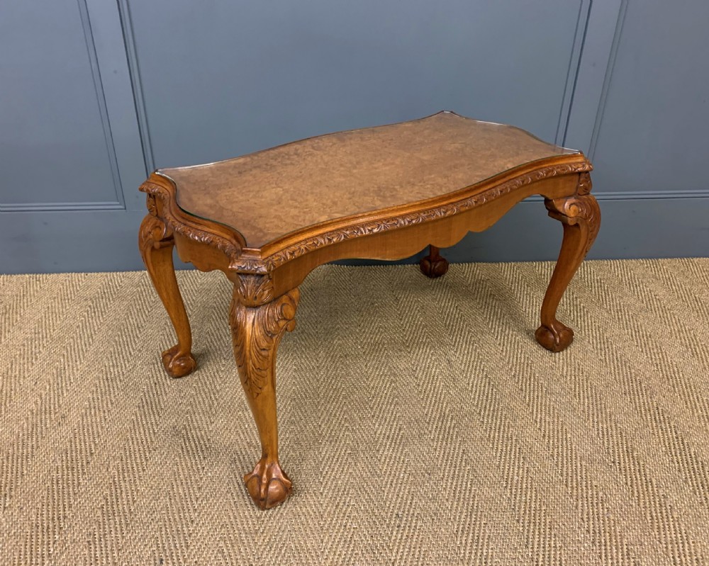 Burr Walnut Nest of 3 Tables and Matching Coffee Table View III