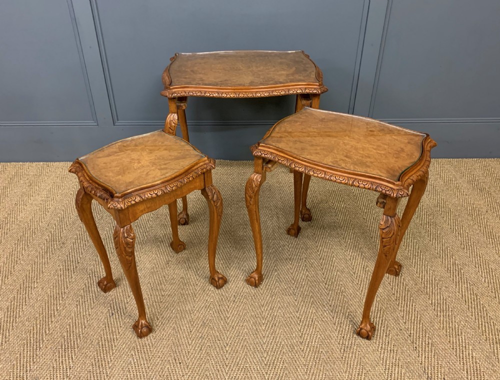 Burr Walnut Nest of 3 Tables and Matching Coffee Table View V