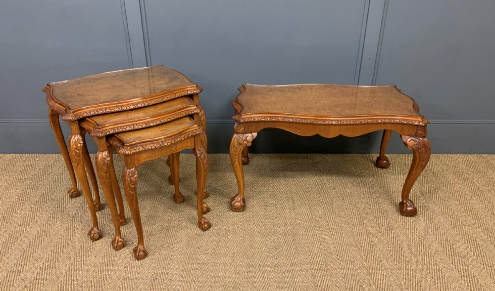 Burr Walnut Nest of 3 Tables and Matching Coffee Table View IX