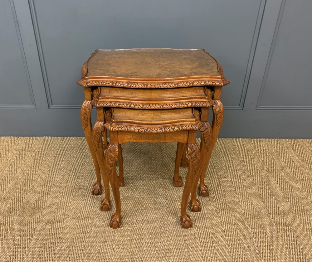 Burr Walnut Nest of 3 Tables and Matching Coffee Table View X