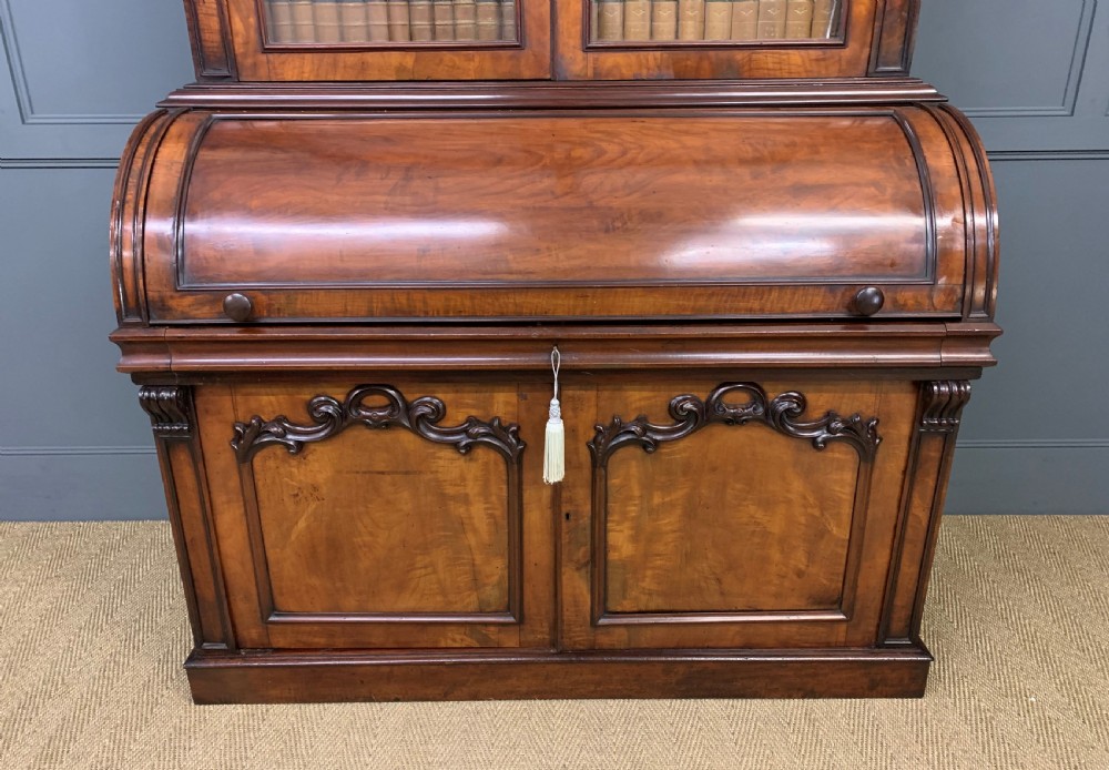 Large Victorian Mahogany Cylinder Bureau Bookcase View X