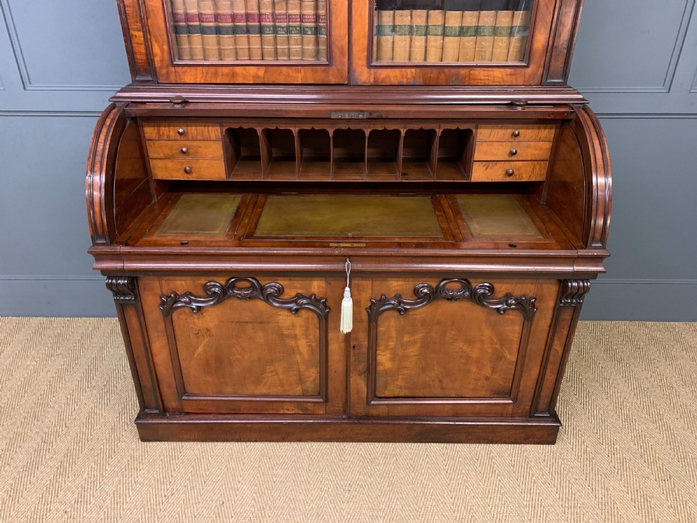 Large Victorian Mahogany Cylinder Bureau Bookcase View XII