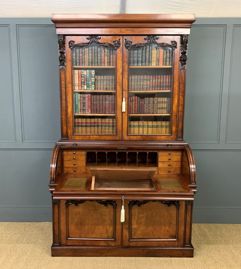 Large Victorian Mahogany Cylinder Bureau Bookcase View XIII