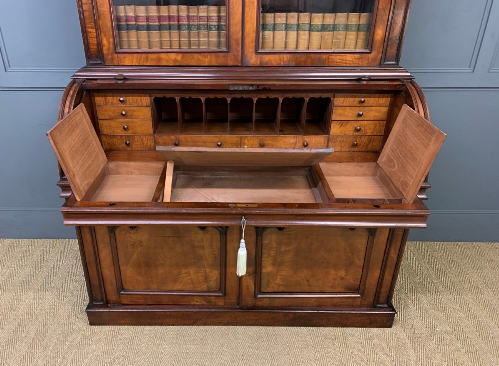 Large Victorian Mahogany Cylinder Bureau Bookcase View XIV