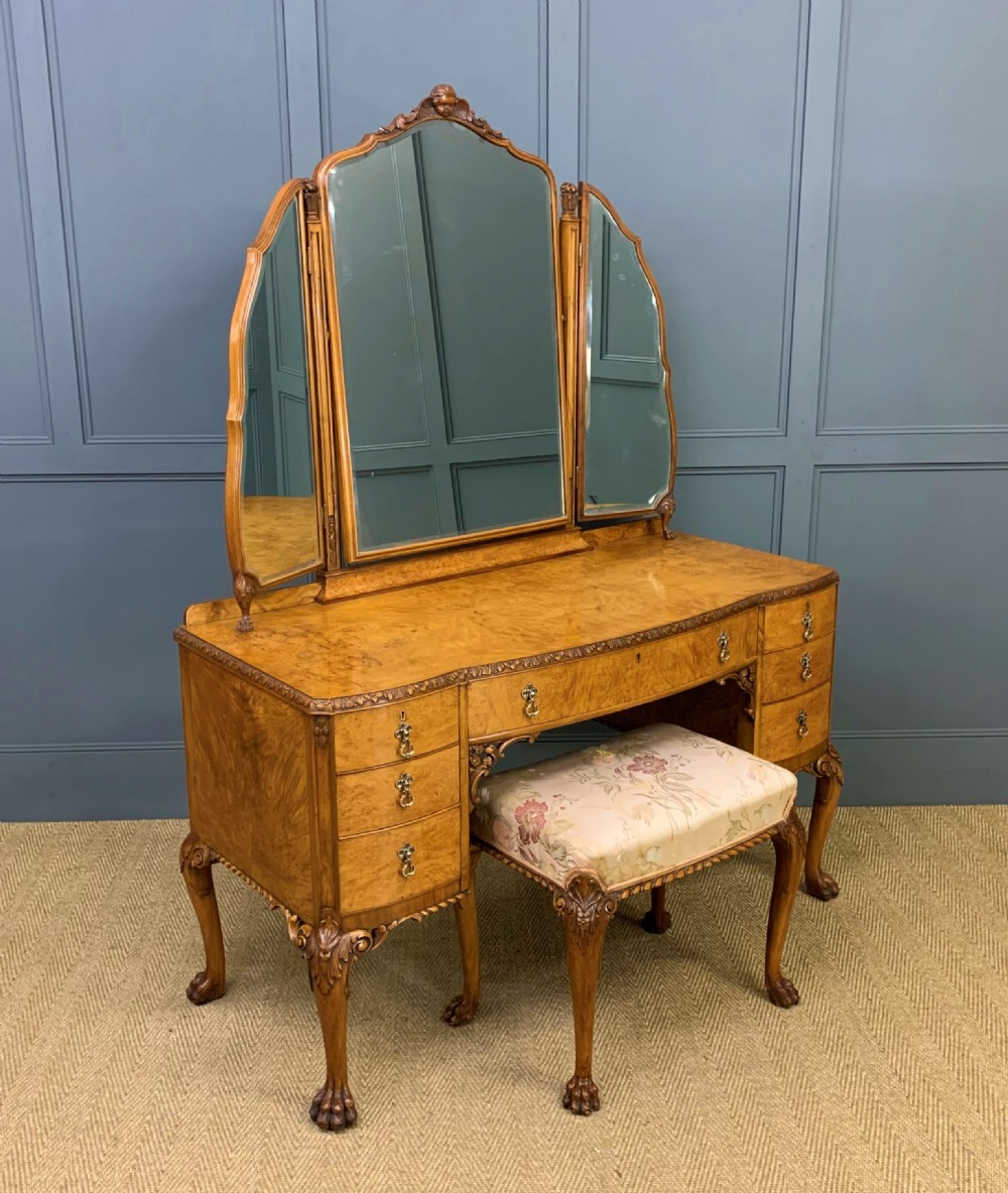 Queen Anne Style Burr Walnut Dressing Table and Stool