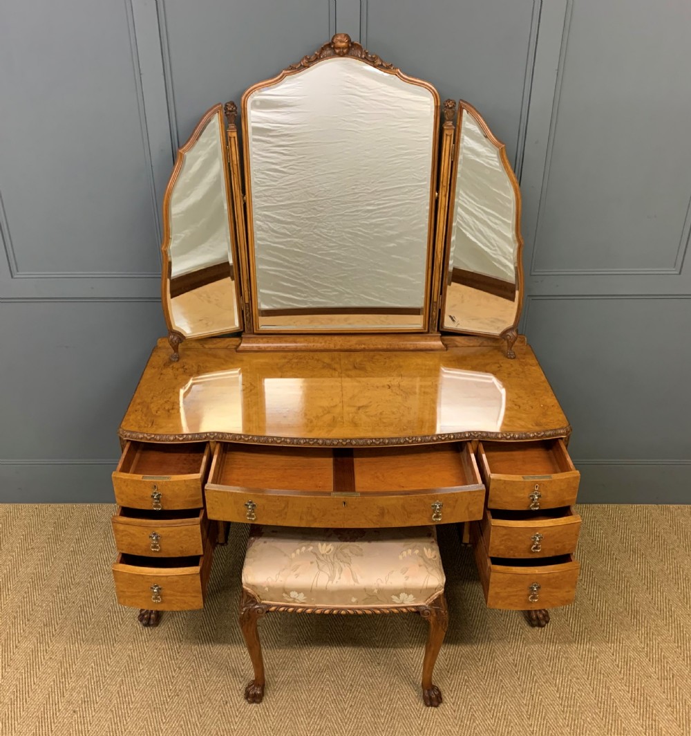 Queen Anne Style Burr Walnut Dressing Table and Stool View II