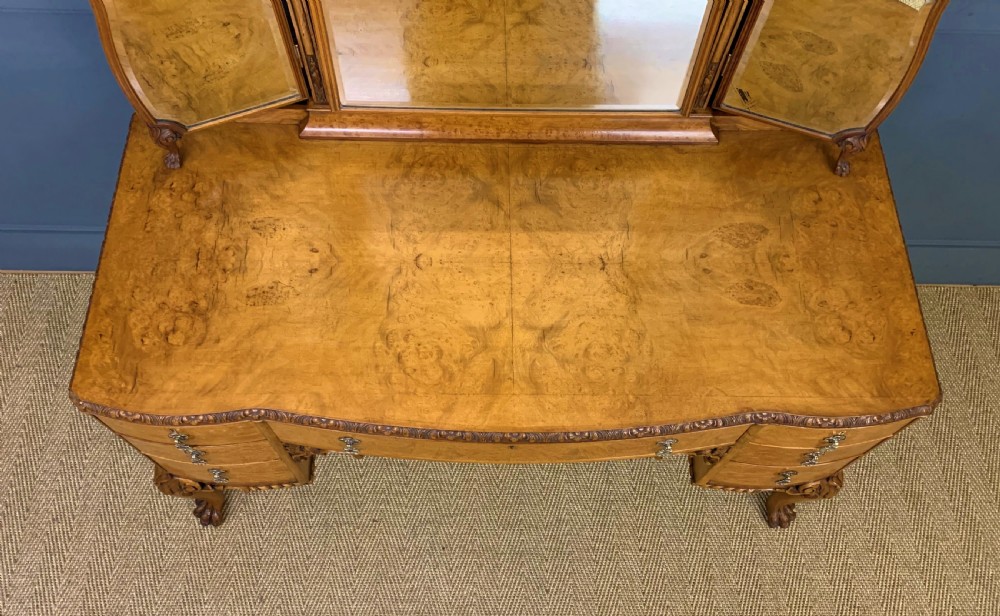 Queen Anne Style Burr Walnut Dressing Table and Stool View III