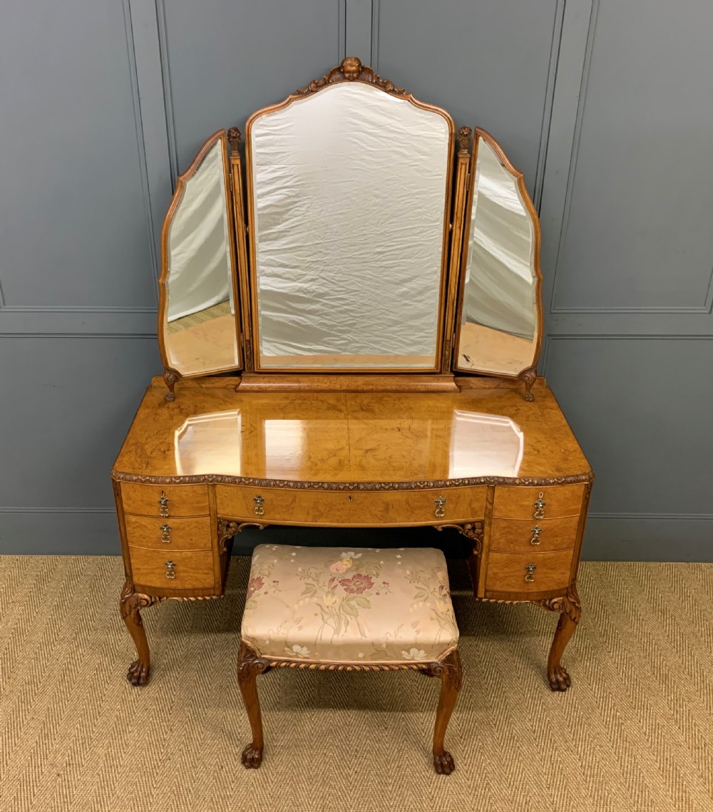Queen Anne Style Burr Walnut Dressing Table and Stool View VI