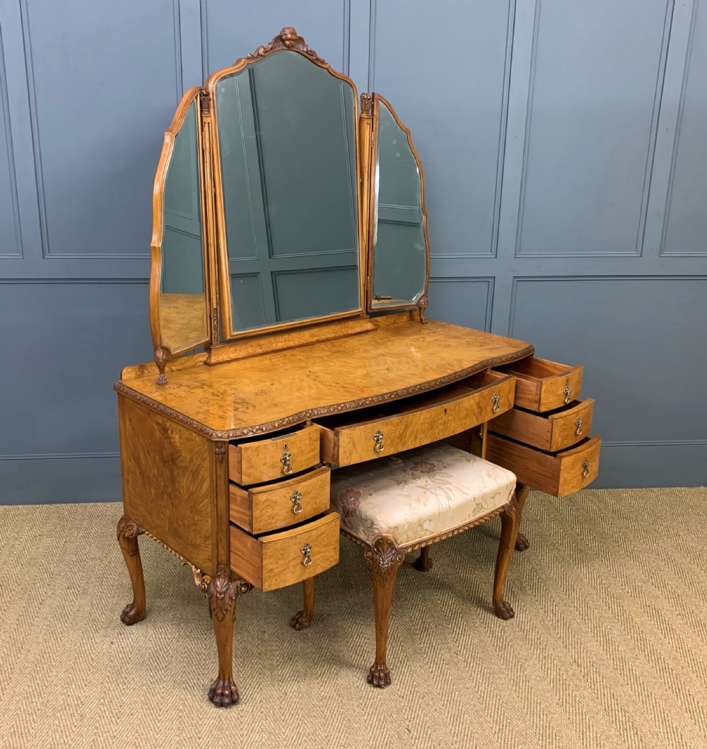 Queen Anne Style Burr Walnut Dressing Table and Stool View XXI