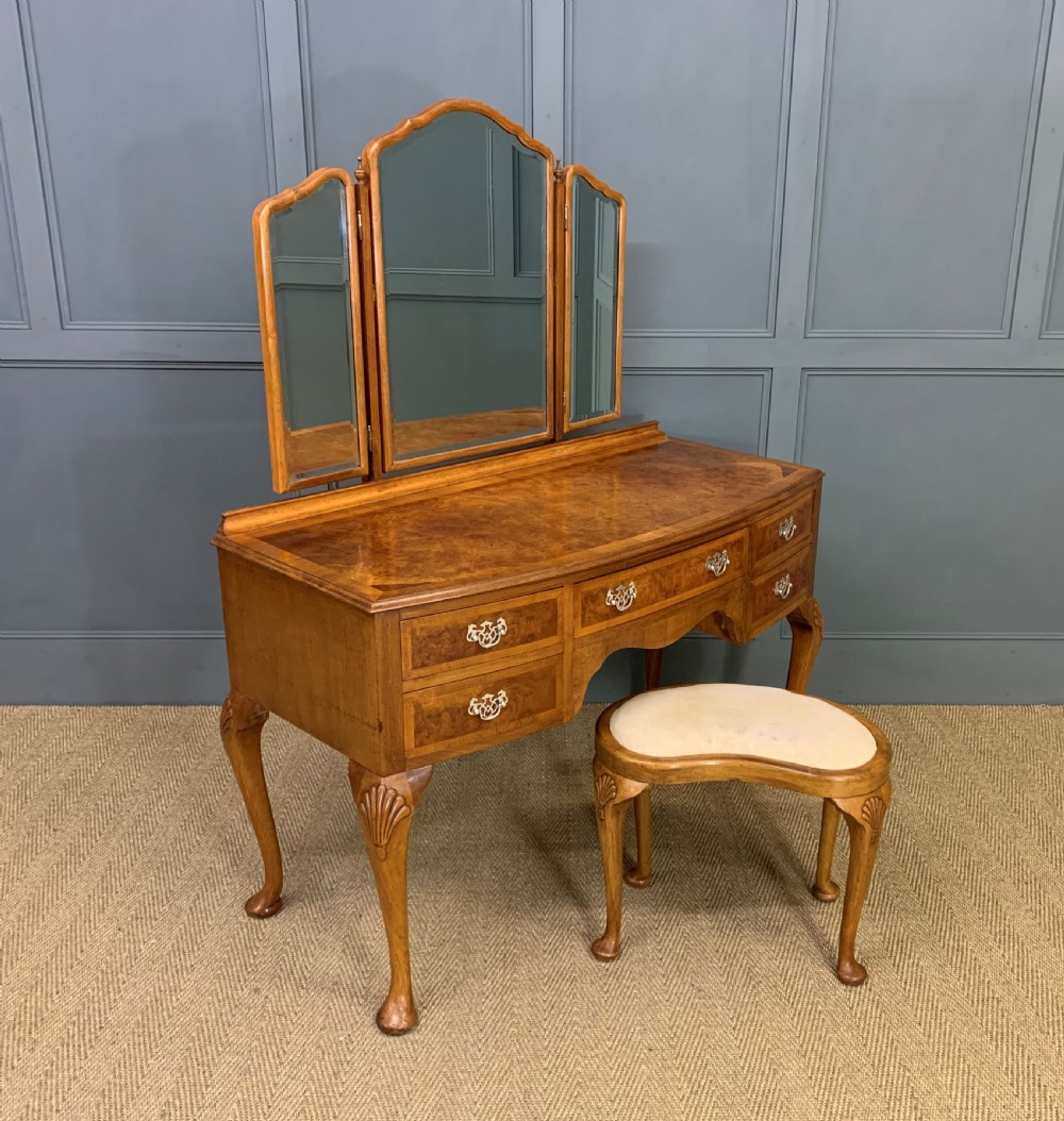 Burr Walnut Dressing Table and Stool by Maple and Co.