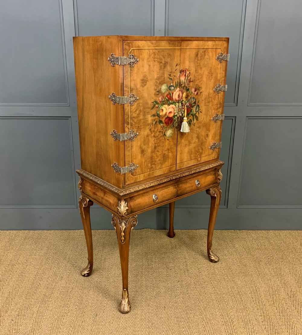 Floral Painted Burr Walnut Cabinet on Stand