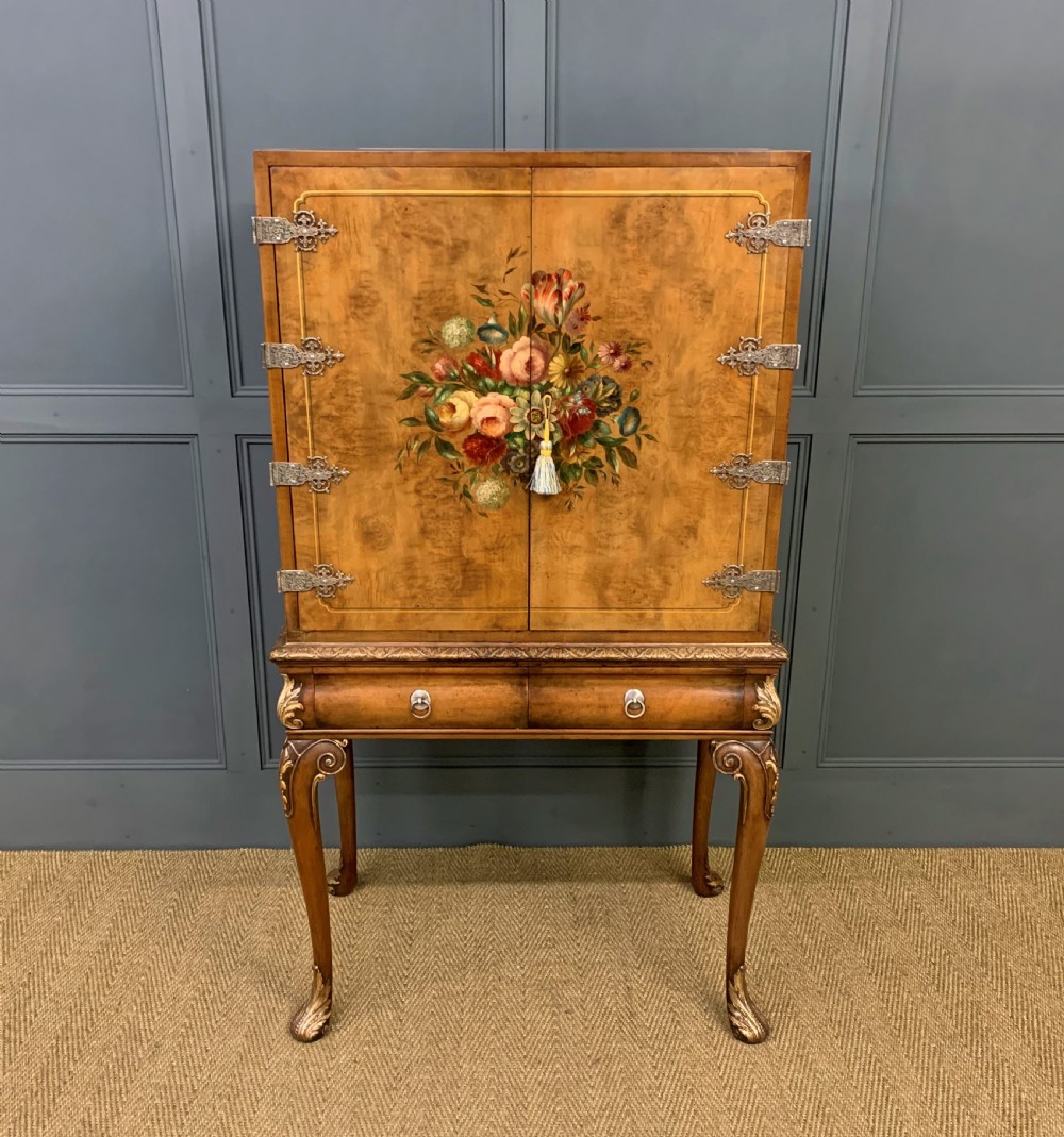 Floral Painted Burr Walnut Cabinet on Stand View II