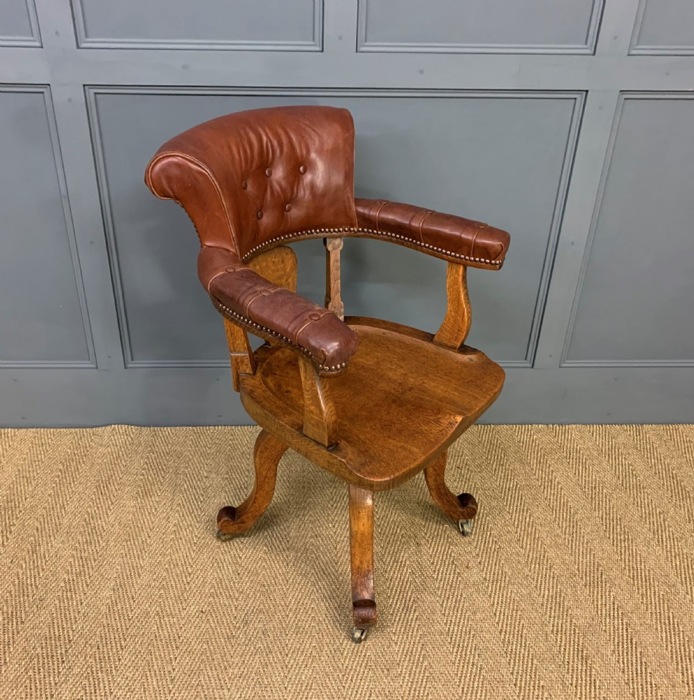 Victorian Oak and Leather Upholstered Revolving Desk Chair