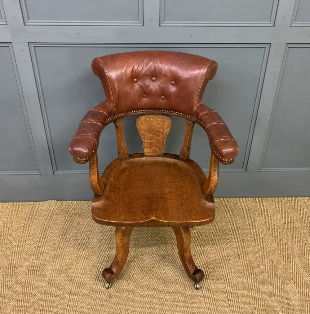 Victorian Oak and Leather Upholstered Revolving Desk Chair View II