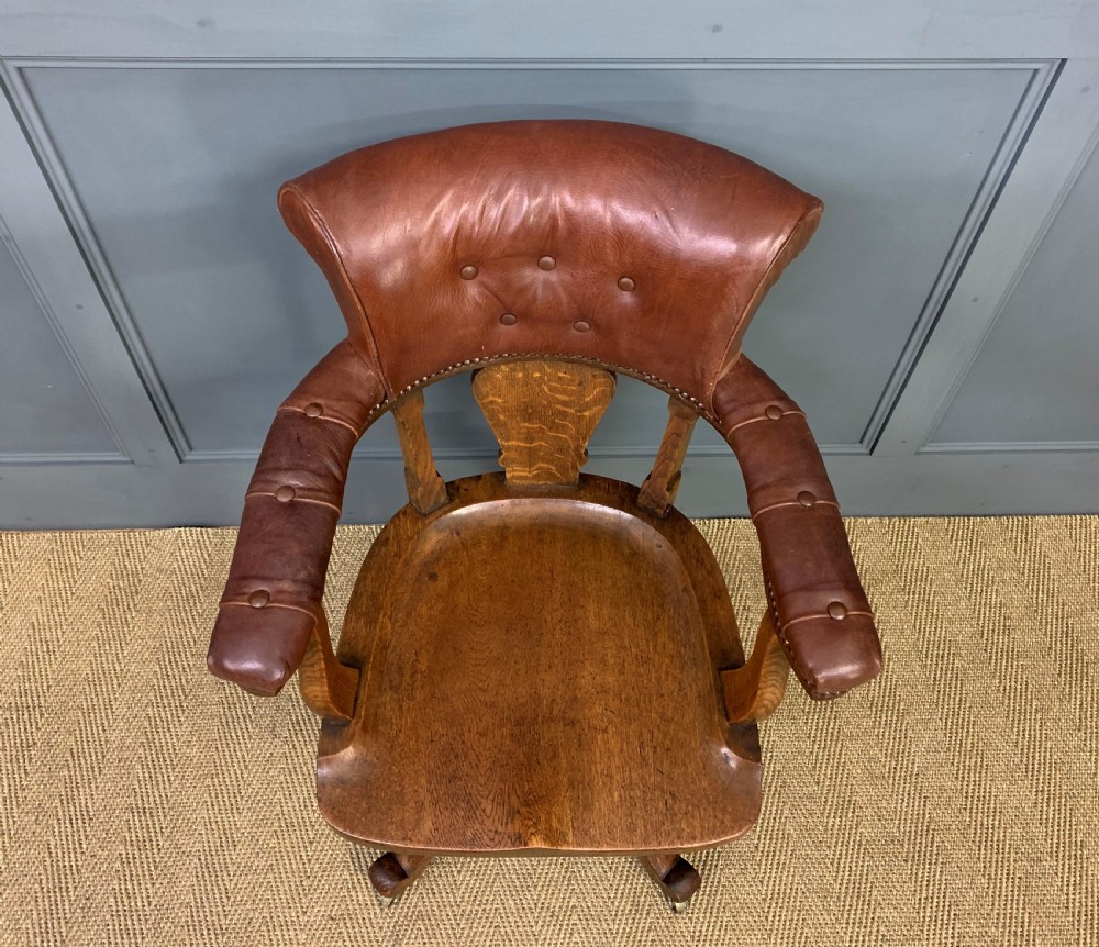Victorian Oak and Leather Upholstered Revolving Desk Chair View IV