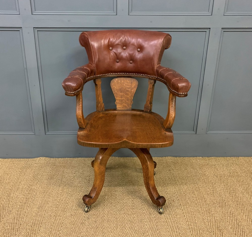 Victorian Oak and Leather Upholstered Revolving Desk Chair View VI