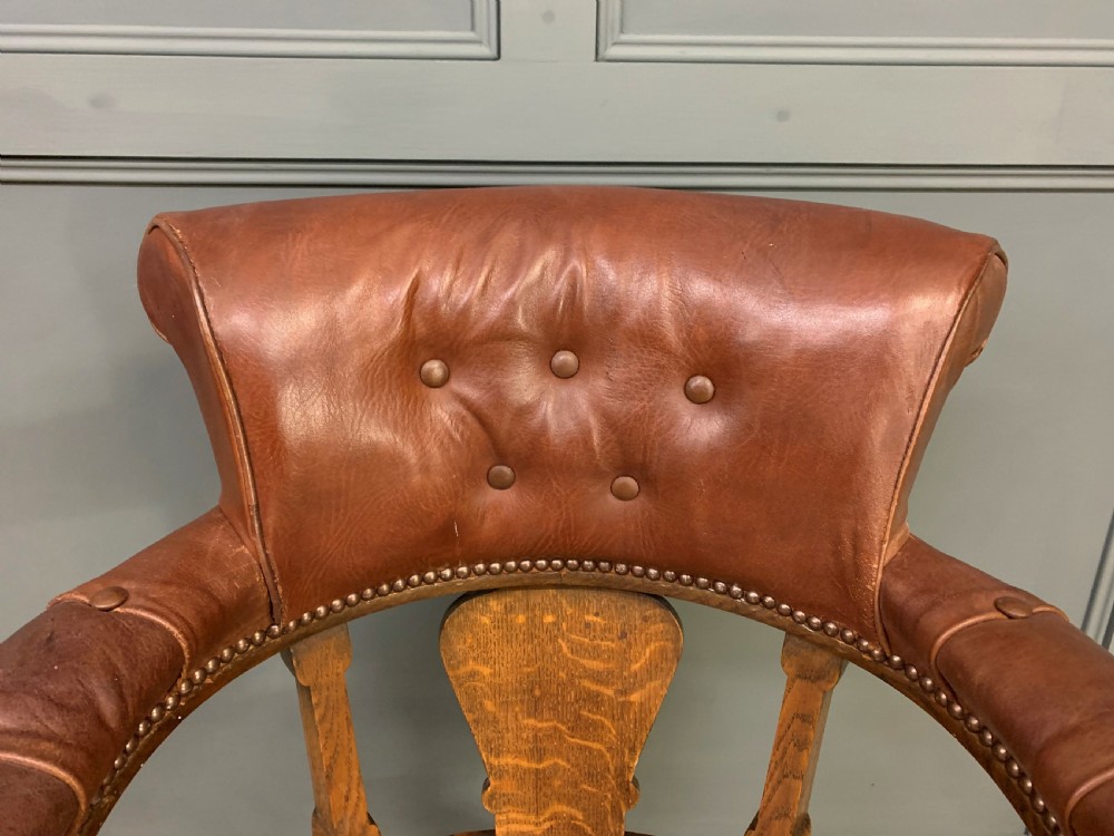 Victorian Oak and Leather Upholstered Revolving Desk Chair View VII