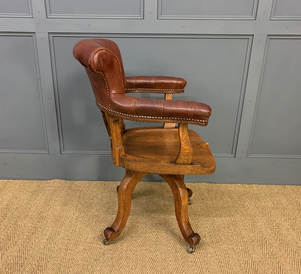 Victorian Oak and Leather Upholstered Revolving Desk Chair View IX