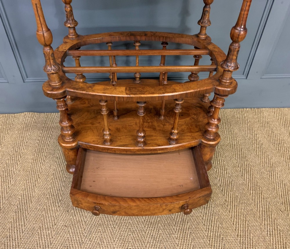 Victorian Inlaid Burr Walnut Canterbury Whatnot View IV