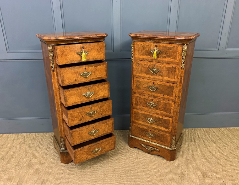 Pair of Victorian Burr Walnut Pillar Chests View VIII