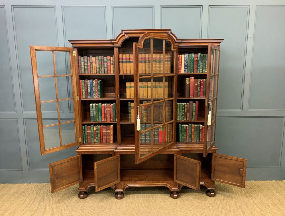Burr Walnut Break Front Bookcase View II