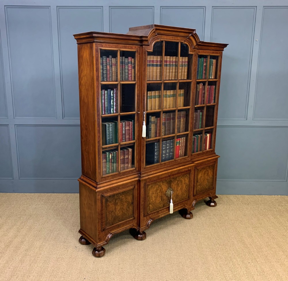 Burr Walnut Break Front Bookcase View III
