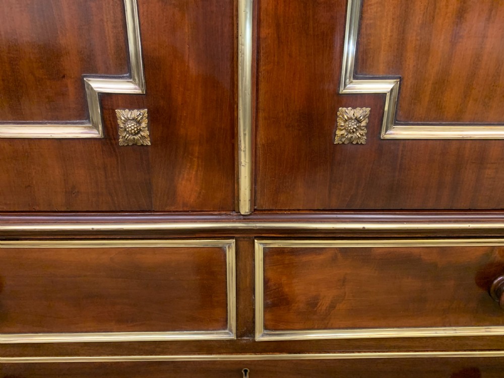 Early 19th Century Brass Mounted Flame Mahogany Linen Press View X