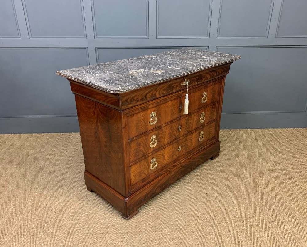 French Flame Mahogany Marble Topped Commode