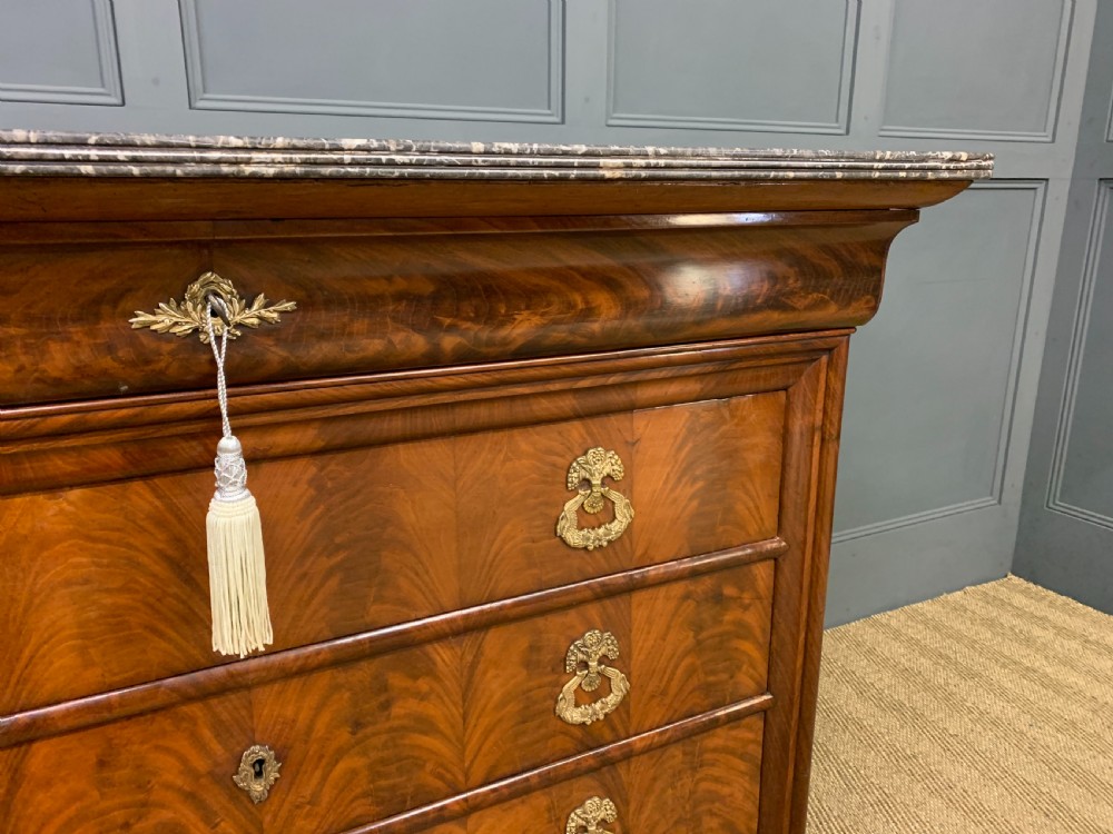 French Flame Mahogany Marble Topped Commode View X