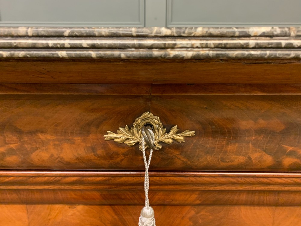 French Flame Mahogany Marble Topped Commode View XI