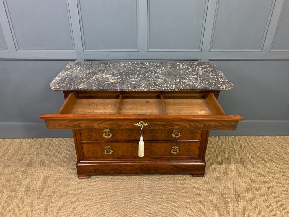 French Flame Mahogany Marble Topped Commode View XIV