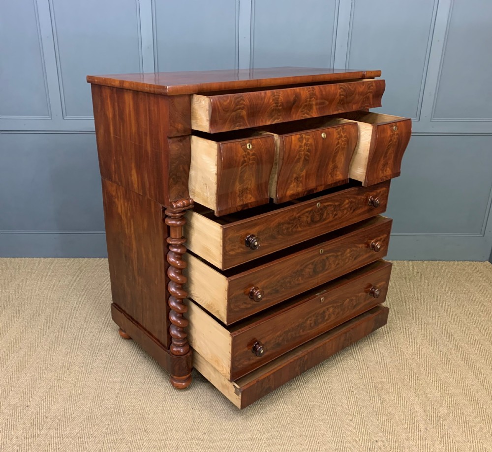 Victorian Flame Mahogany Scotch Chest of Drawers View IV