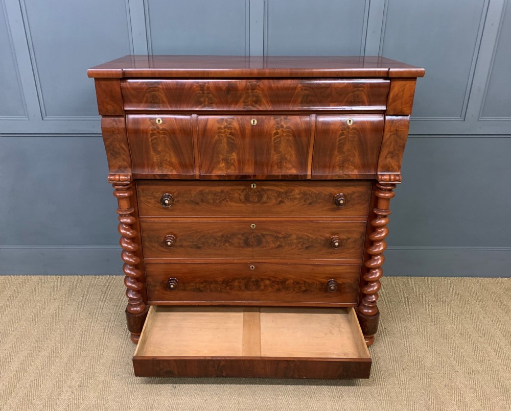 Victorian Flame Mahogany Scotch Chest of Drawers View XI