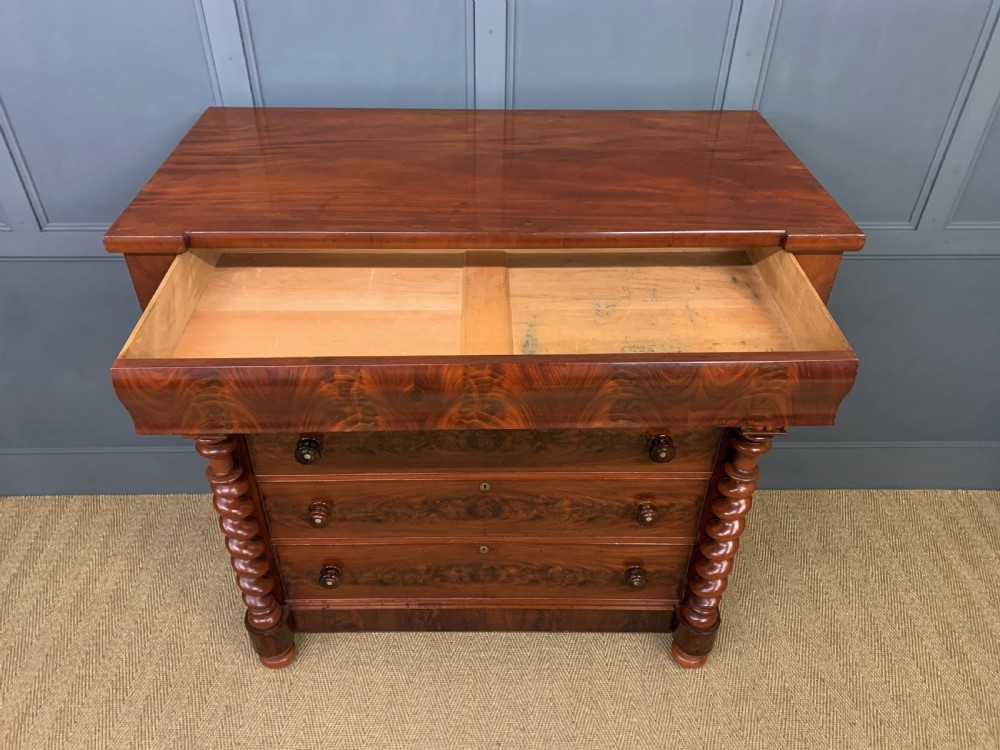 Victorian Flame Mahogany Scotch Chest of Drawers View XII