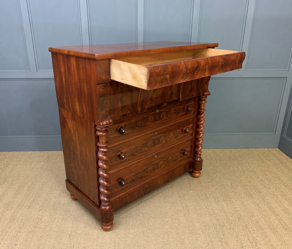 Victorian Flame Mahogany Scotch Chest of Drawers View XVI