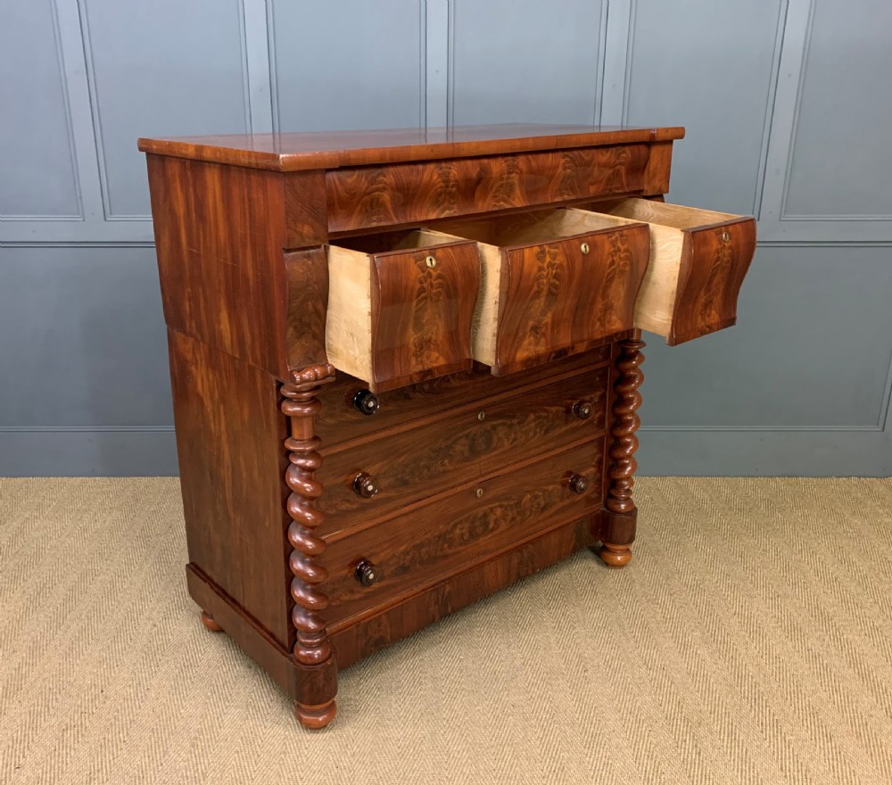 Victorian Flame Mahogany Scotch Chest of Drawers View XVII