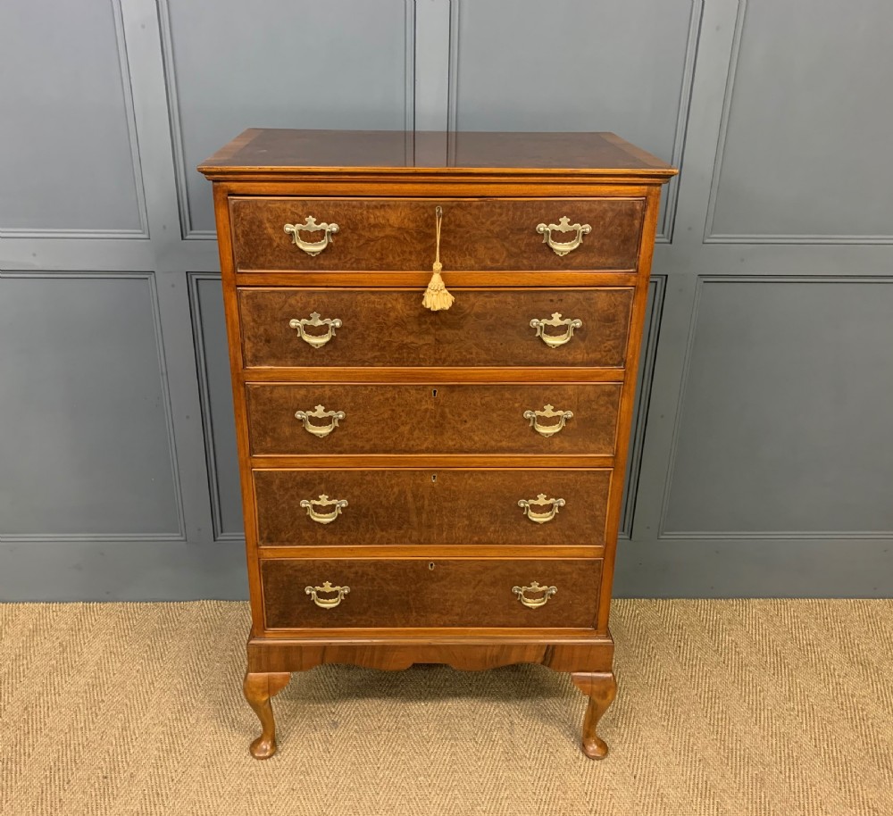 Tall Burr Walnut Chest of Drawers View II