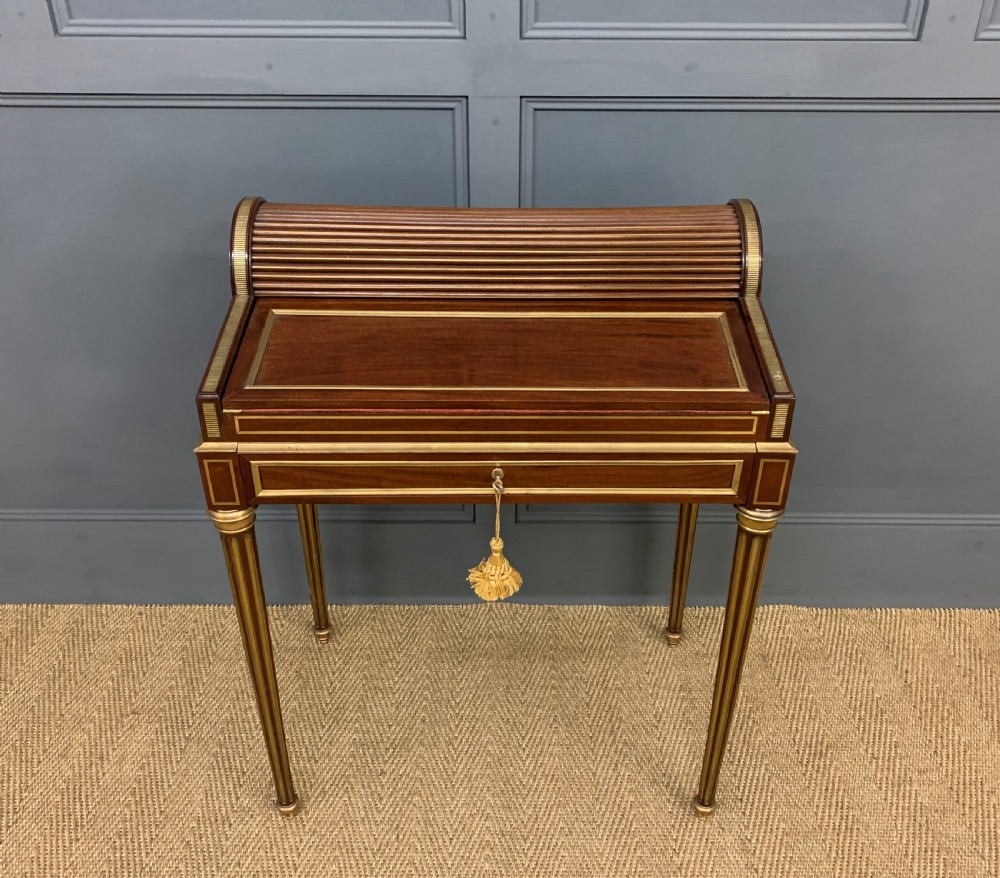 Fine Quality Brass Inlaid Mahogany Tambour Writing Desk View II