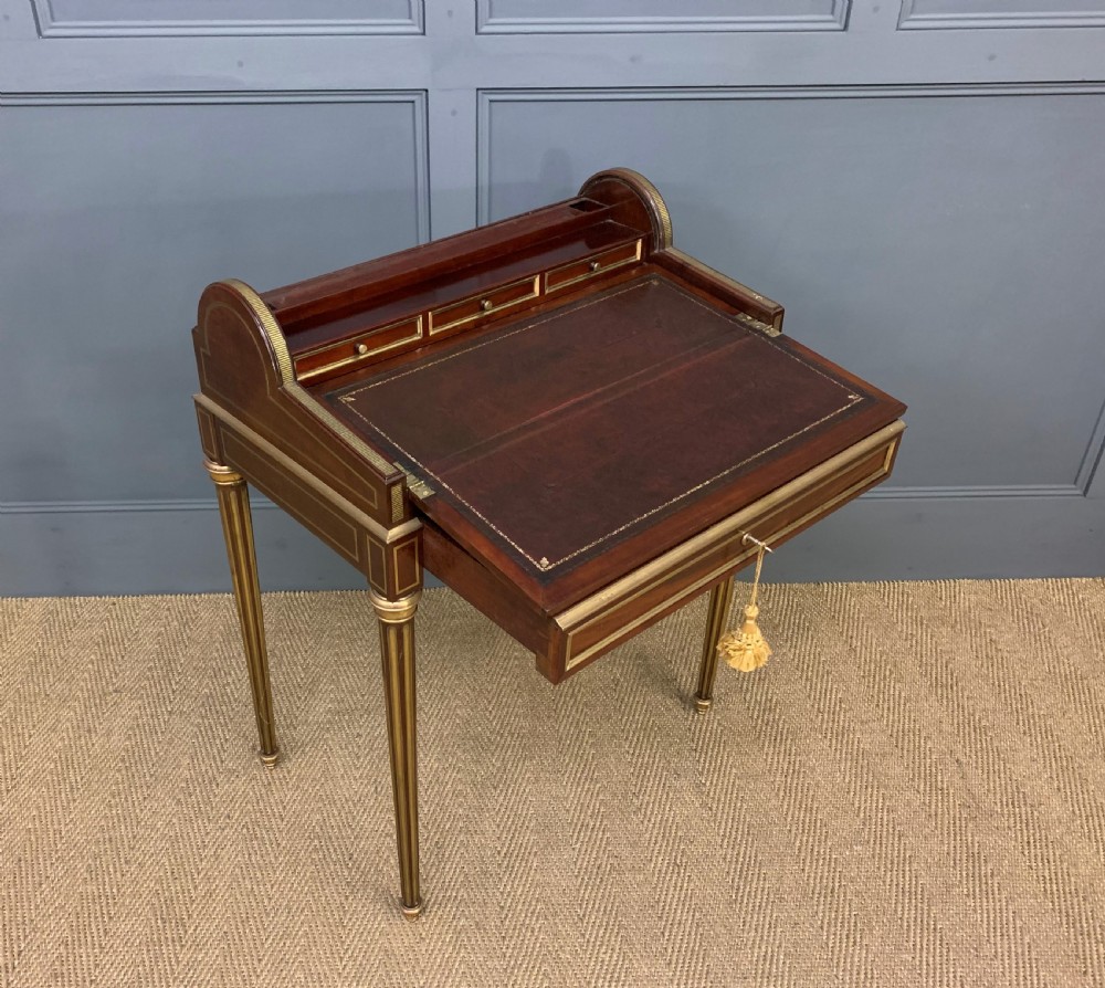 Fine Quality Brass Inlaid Mahogany Tambour Writing Desk View IV