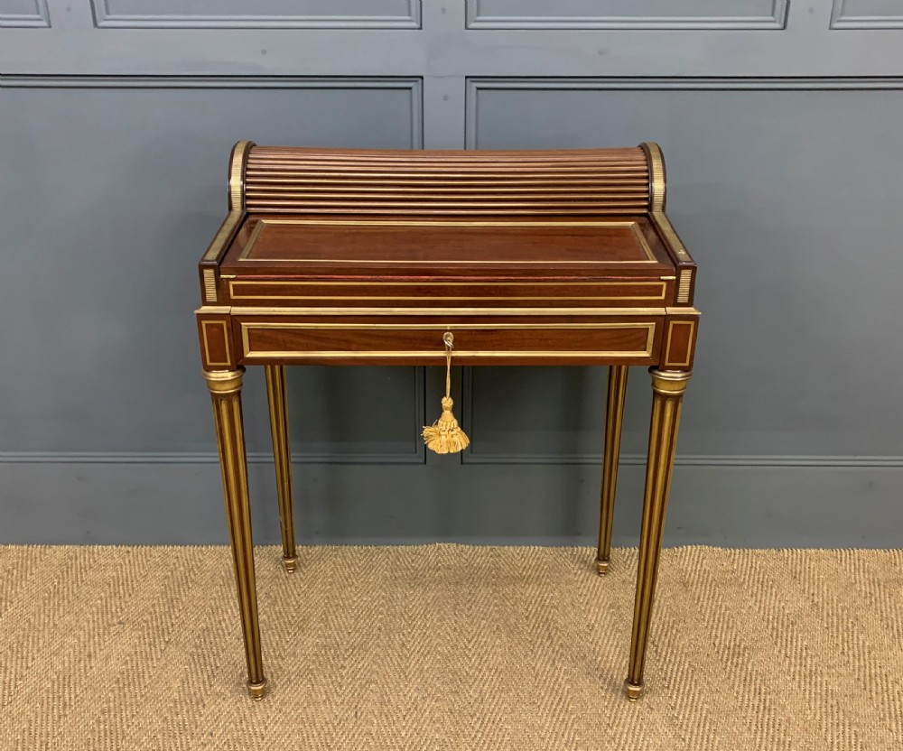 Fine Quality Brass Inlaid Mahogany Tambour Writing Desk View VI
