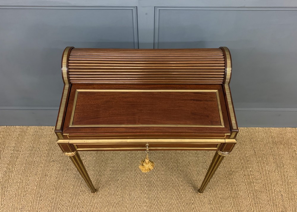 Fine Quality Brass Inlaid Mahogany Tambour Writing Desk View VII