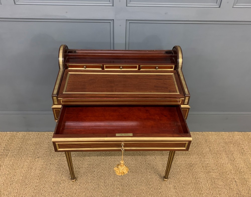 Fine Quality Brass Inlaid Mahogany Tambour Writing Desk View VIII