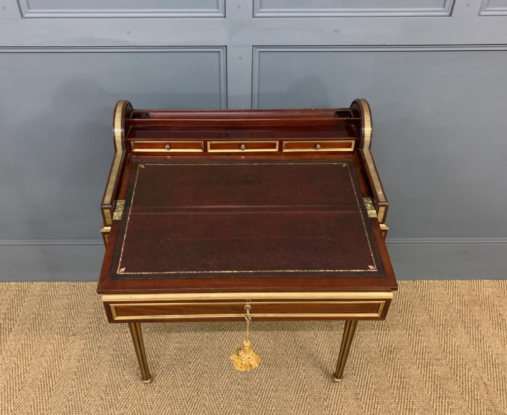 Fine Quality Brass Inlaid Mahogany Tambour Writing Desk View IX