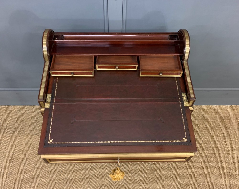 Fine Quality Brass Inlaid Mahogany Tambour Writing Desk View X