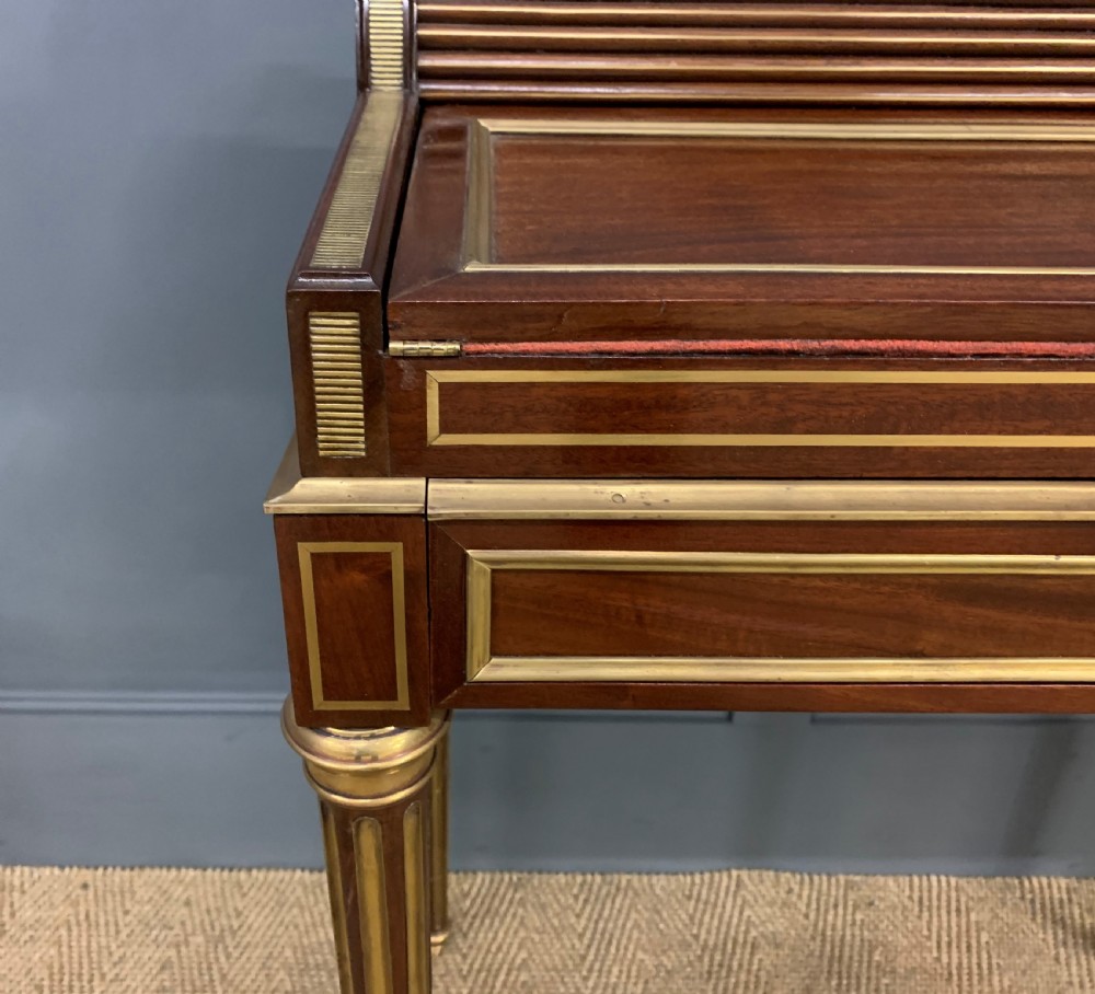 Fine Quality Brass Inlaid Mahogany Tambour Writing Desk View XIII