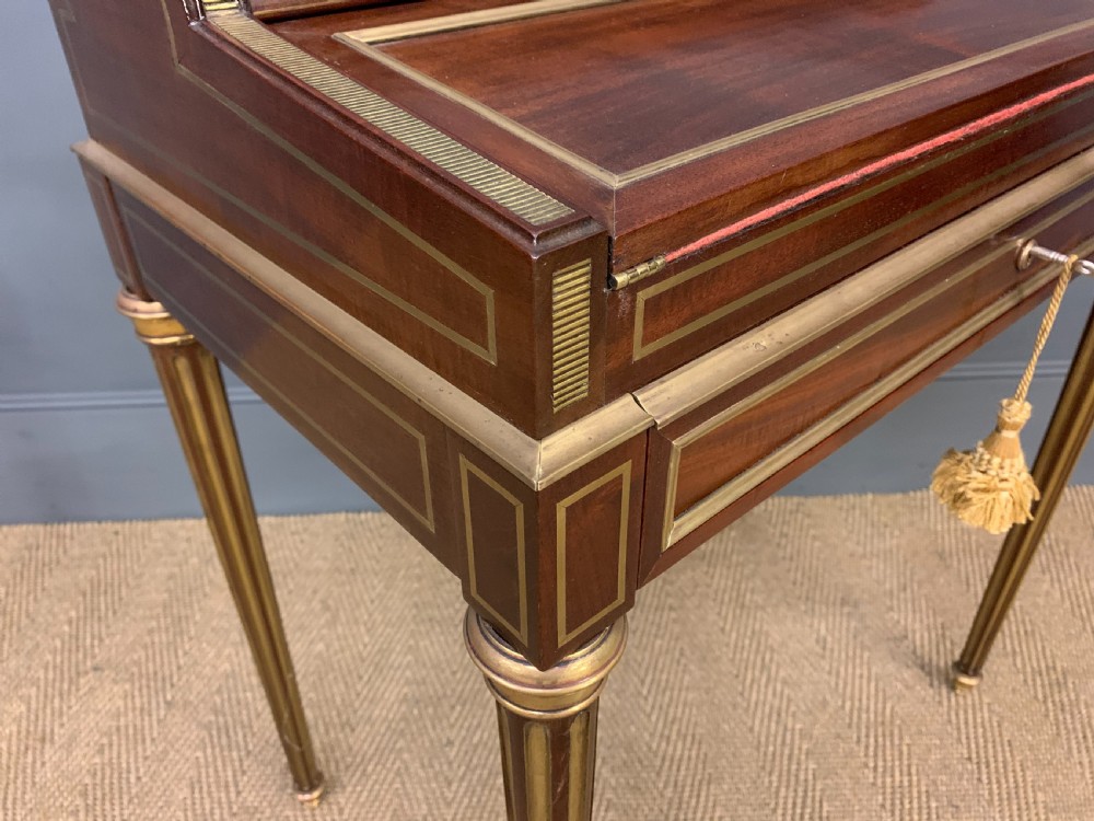 Fine Quality Brass Inlaid Mahogany Tambour Writing Desk View XIV