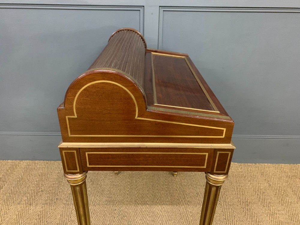 Fine Quality Brass Inlaid Mahogany Tambour Writing Desk View XVI